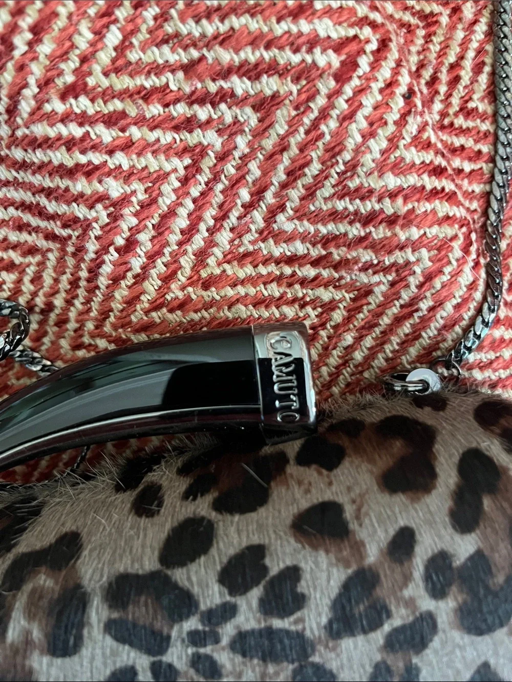 Vince Camuto Leopard Print Clutch in Gray and Brown with Silver Chain
